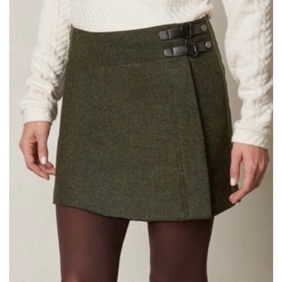 Prana Quincy Wool Blend Tweed Wrap Skirt Track Stripe Buckles/Buttons Sz M - Picture 1 of 12